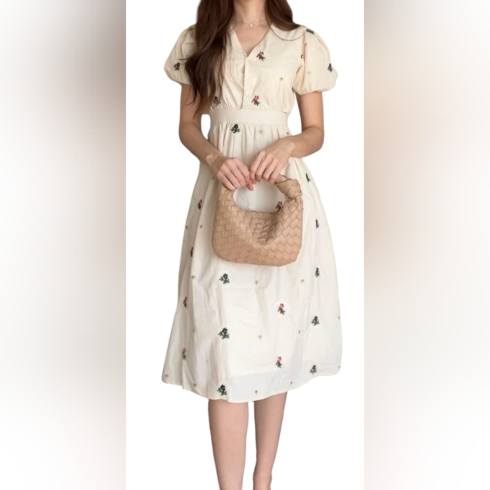 Bon Embroidered Puff Sleeve Cotton Dress Women's Sz M